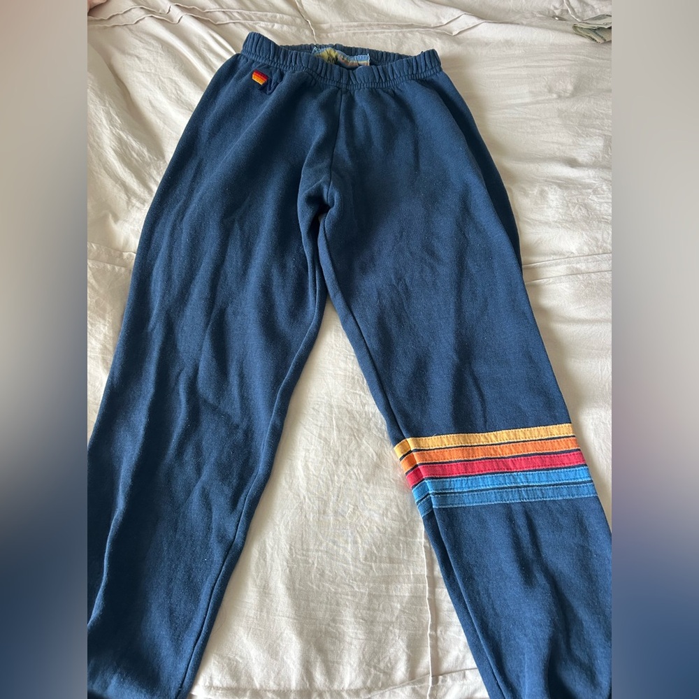 Aviator Nation blue sweatpants with rainbow stripes on leg!! - Picture 2 of 3